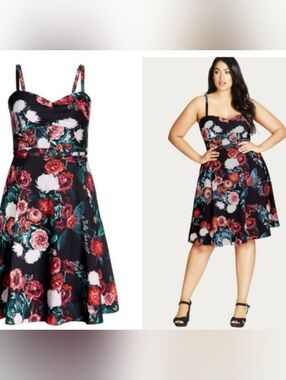 City Chic Belted Blk Sateen Floral Dress with Pkts., Adjustable Straps,18(M)NWT